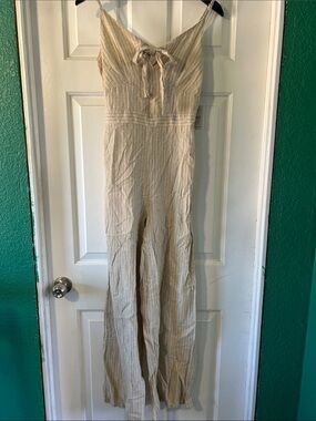 Japna Light Cream Striped Cotton-Linen Jumpsuit with Tie Front